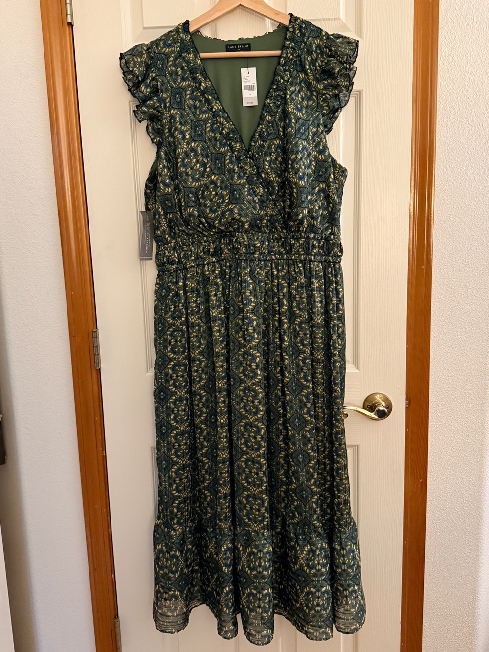 Lane Bryant Green Printed Ruffle Sleeve Maxi Dress